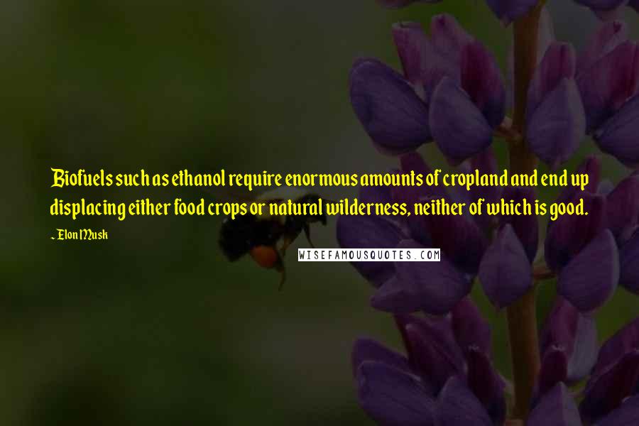Elon Musk Quotes: Biofuels such as ethanol require enormous amounts of cropland and end up displacing either food crops or natural wilderness, neither of which is good.