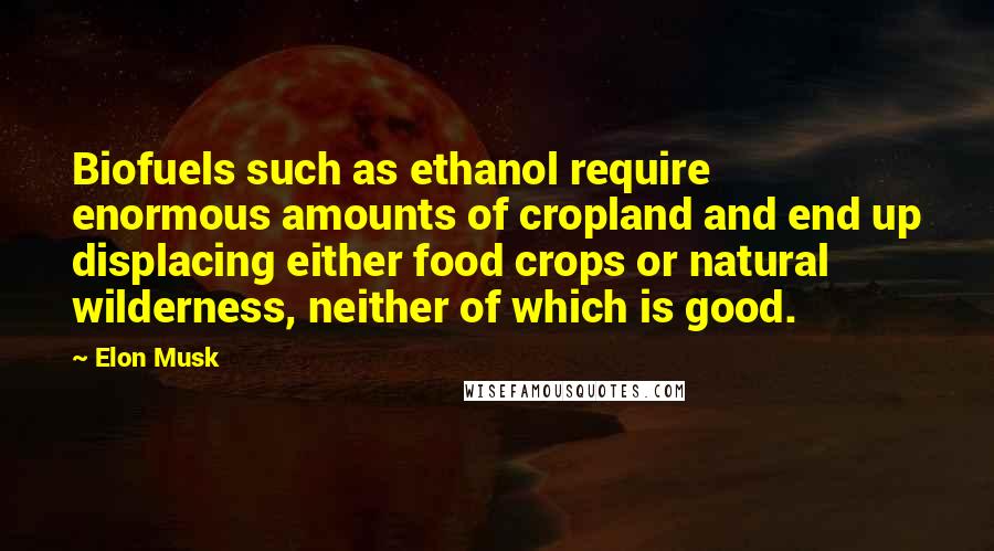 Elon Musk Quotes: Biofuels such as ethanol require enormous amounts of cropland and end up displacing either food crops or natural wilderness, neither of which is good.