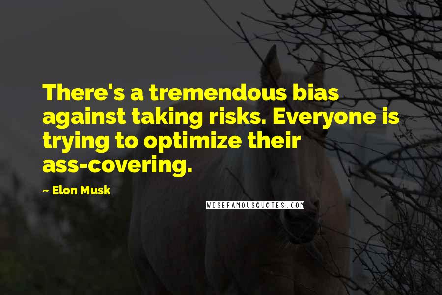 Elon Musk Quotes: There's a tremendous bias against taking risks. Everyone is trying to optimize their ass-covering.