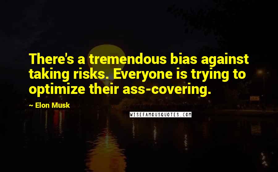 Elon Musk Quotes: There's a tremendous bias against taking risks. Everyone is trying to optimize their ass-covering.