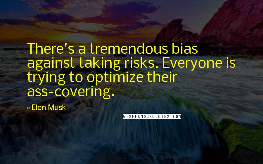 Elon Musk Quotes: There's a tremendous bias against taking risks. Everyone is trying to optimize their ass-covering.