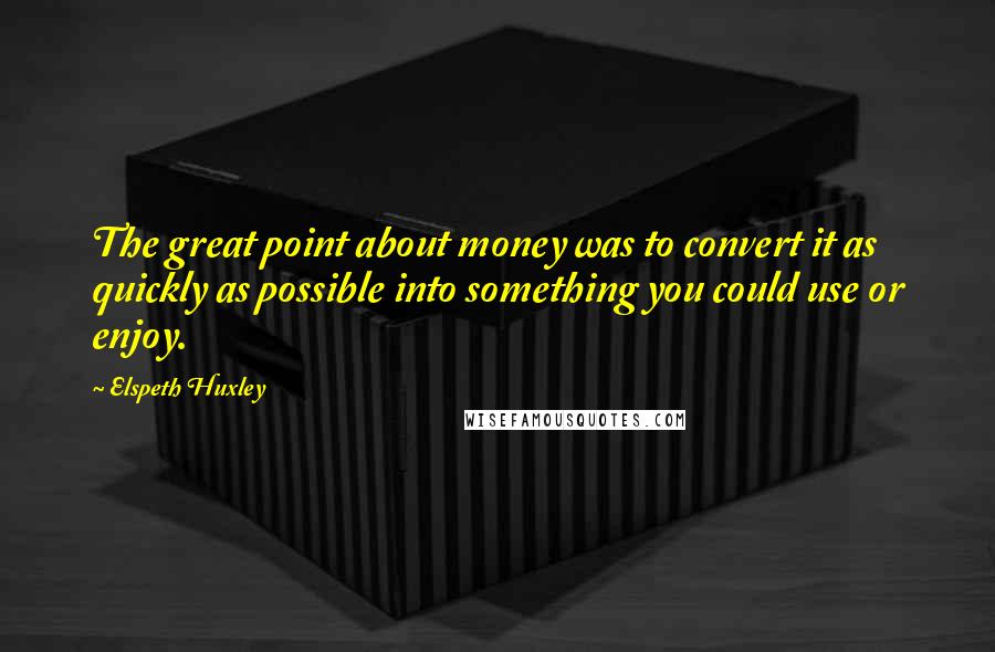 Elspeth Huxley Quotes: The great point about money was to convert it as quickly as possible into something you could use or enjoy.