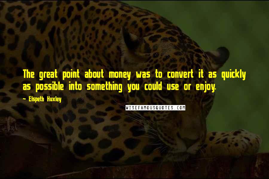 Elspeth Huxley Quotes: The great point about money was to convert it as quickly as possible into something you could use or enjoy.