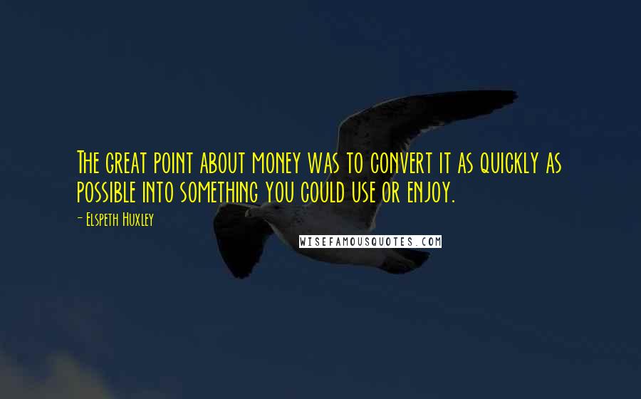 Elspeth Huxley Quotes: The great point about money was to convert it as quickly as possible into something you could use or enjoy.