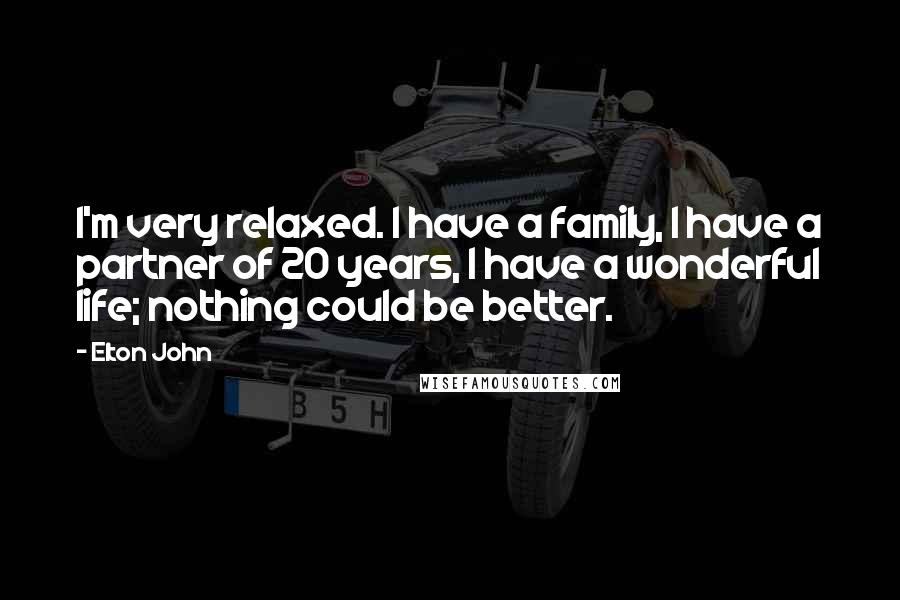 Elton John Quotes: I'm very relaxed. I have a family, I have a partner of 20 years, I have a wonderful life; nothing could be better.