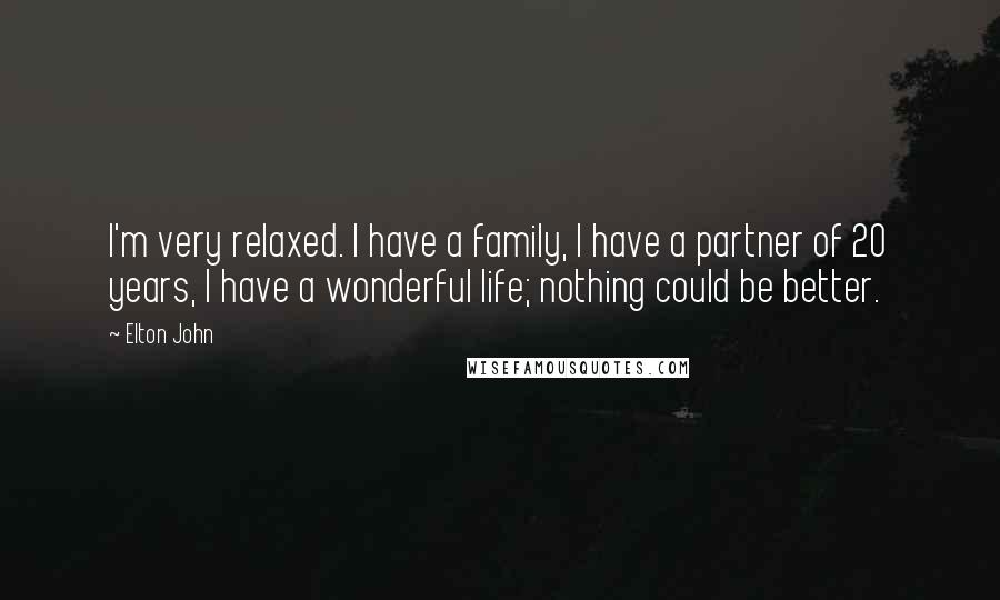 Elton John Quotes: I'm very relaxed. I have a family, I have a partner of 20 years, I have a wonderful life; nothing could be better.