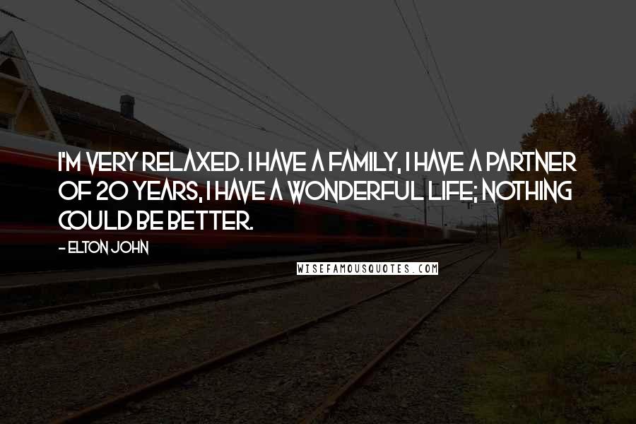 Elton John Quotes: I'm very relaxed. I have a family, I have a partner of 20 years, I have a wonderful life; nothing could be better.