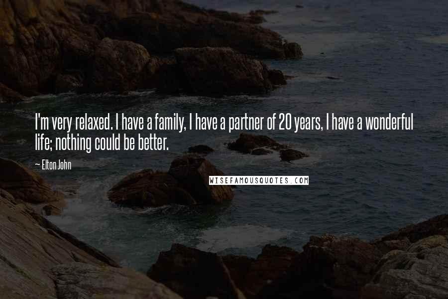 Elton John Quotes: I'm very relaxed. I have a family, I have a partner of 20 years, I have a wonderful life; nothing could be better.