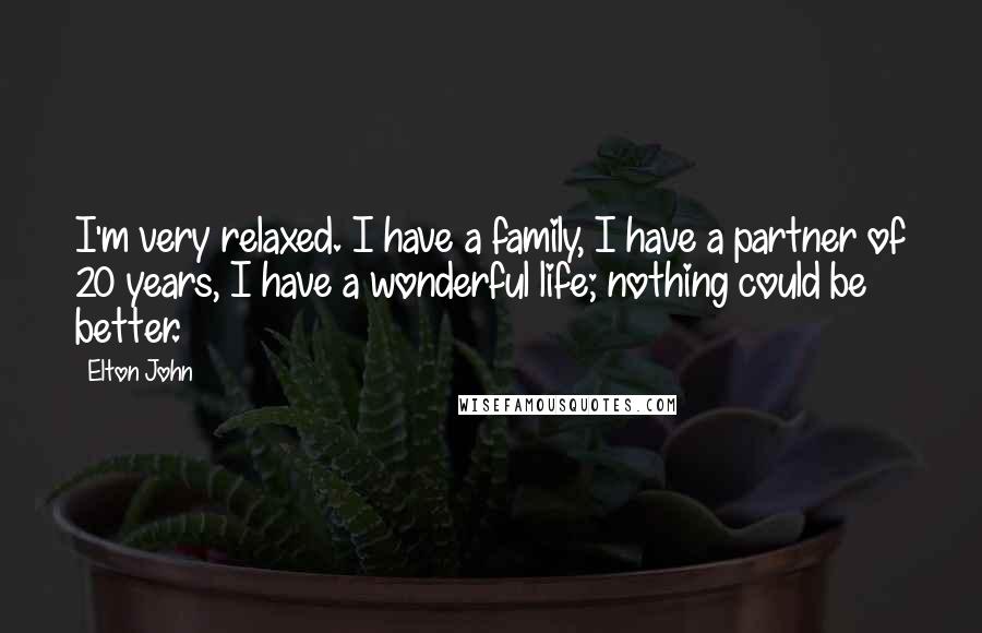 Elton John Quotes: I'm very relaxed. I have a family, I have a partner of 20 years, I have a wonderful life; nothing could be better.