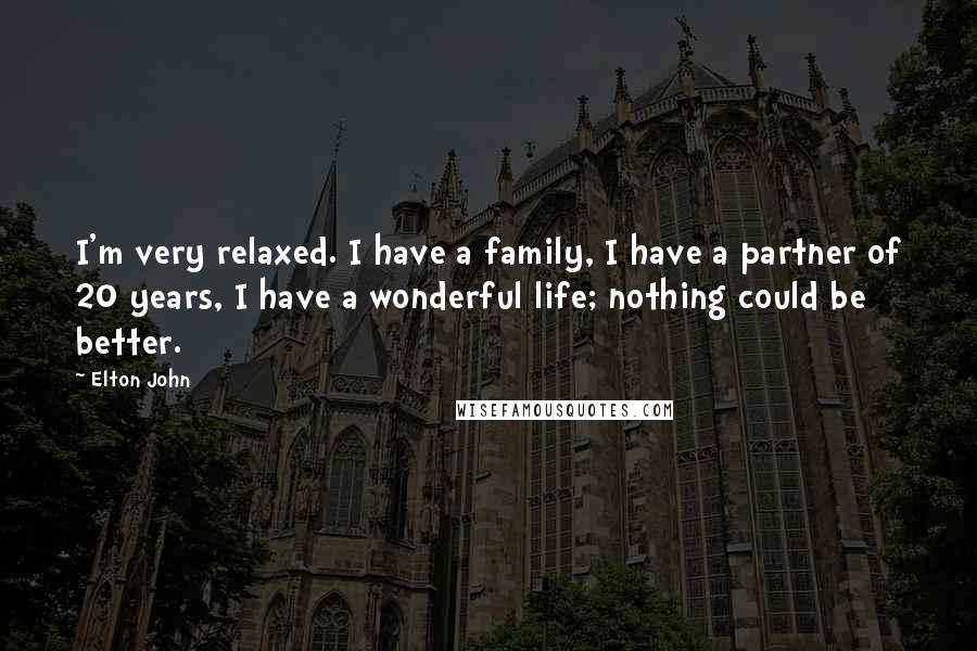 Elton John Quotes: I'm very relaxed. I have a family, I have a partner of 20 years, I have a wonderful life; nothing could be better.