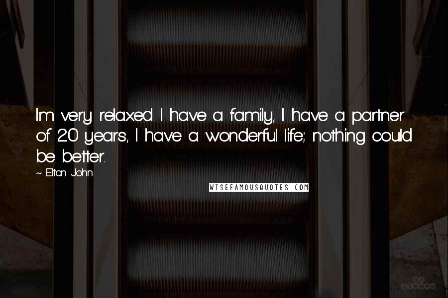 Elton John Quotes: I'm very relaxed. I have a family, I have a partner of 20 years, I have a wonderful life; nothing could be better.