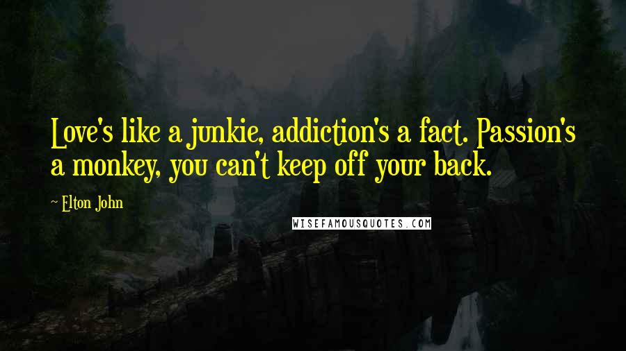 Elton John Quotes: Love's like a junkie, addiction's a fact. Passion's a monkey, you can't keep off your back.