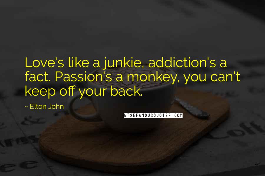 Elton John Quotes: Love's like a junkie, addiction's a fact. Passion's a monkey, you can't keep off your back.