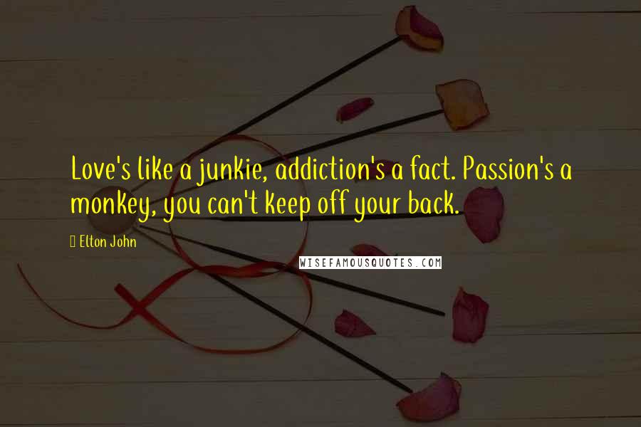 Elton John Quotes: Love's like a junkie, addiction's a fact. Passion's a monkey, you can't keep off your back.