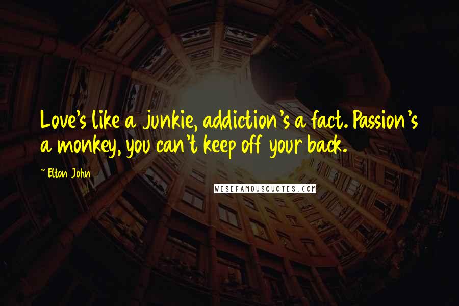 Elton John Quotes: Love's like a junkie, addiction's a fact. Passion's a monkey, you can't keep off your back.