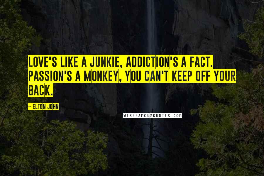 Elton John Quotes: Love's like a junkie, addiction's a fact. Passion's a monkey, you can't keep off your back.