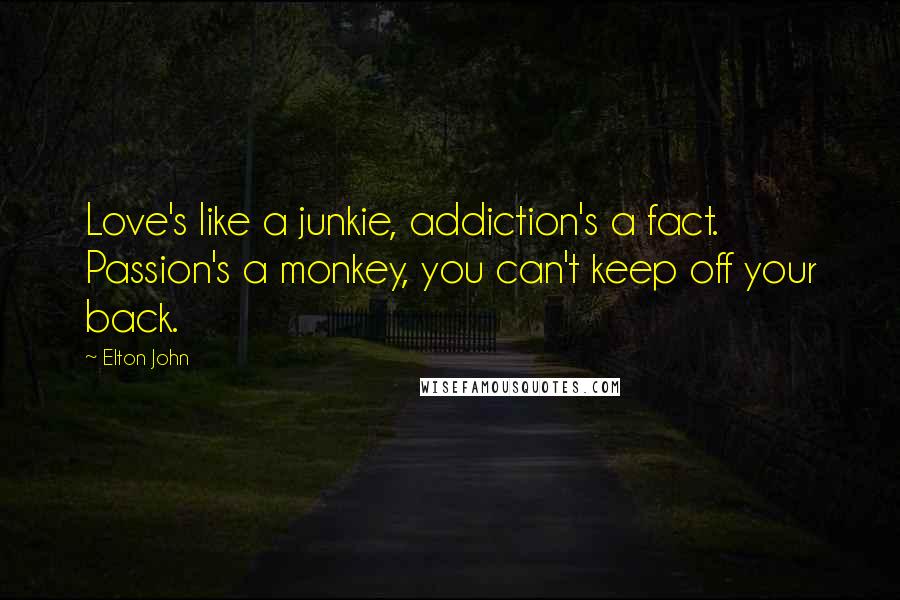 Elton John Quotes: Love's like a junkie, addiction's a fact. Passion's a monkey, you can't keep off your back.