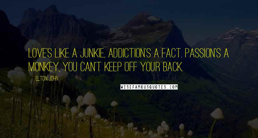 Elton John Quotes: Love's like a junkie, addiction's a fact. Passion's a monkey, you can't keep off your back.