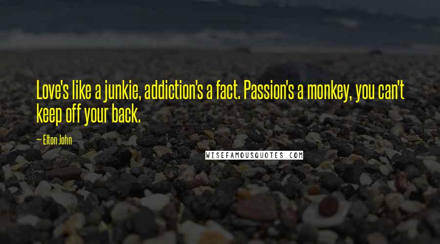 Elton John Quotes: Love's like a junkie, addiction's a fact. Passion's a monkey, you can't keep off your back.