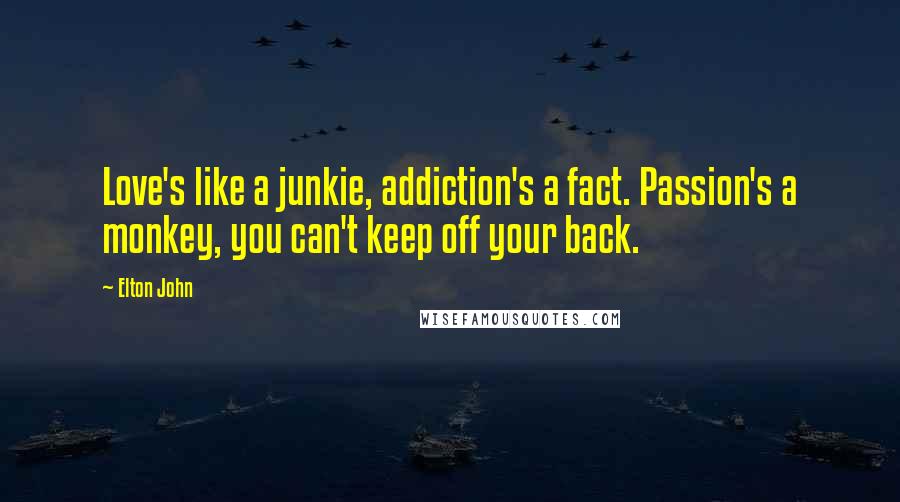 Elton John Quotes: Love's like a junkie, addiction's a fact. Passion's a monkey, you can't keep off your back.