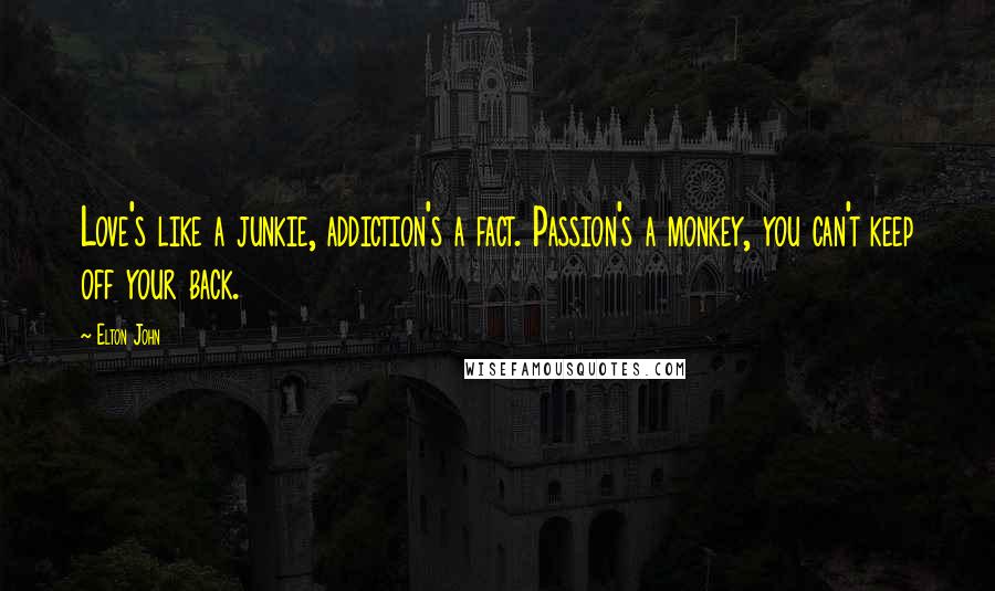 Elton John Quotes: Love's like a junkie, addiction's a fact. Passion's a monkey, you can't keep off your back.