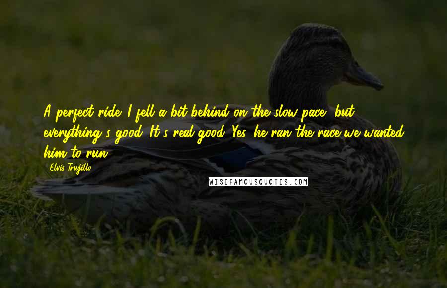 Elvis Trujillo Quotes: A perfect ride. I fell a bit behind on the slow pace, but everything's good. It's real good. Yes, he ran the race we wanted him to run.