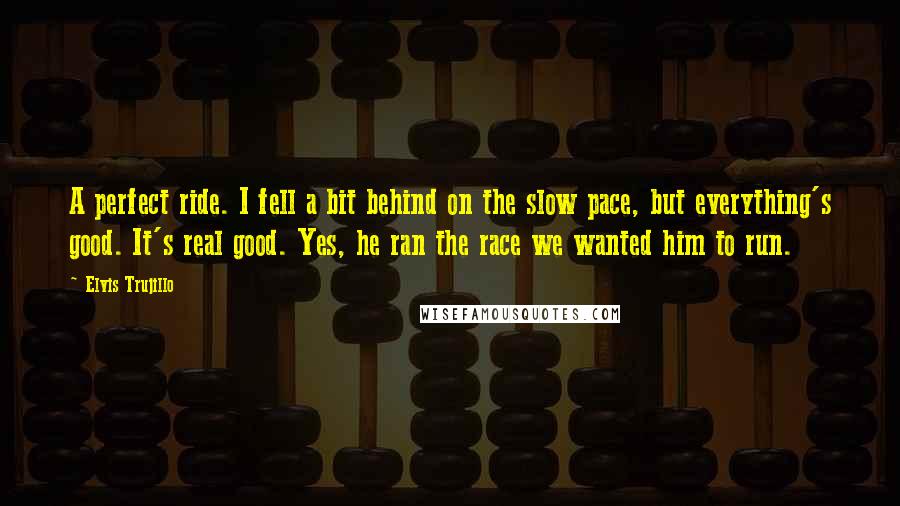 Elvis Trujillo Quotes: A perfect ride. I fell a bit behind on the slow pace, but everything's good. It's real good. Yes, he ran the race we wanted him to run.