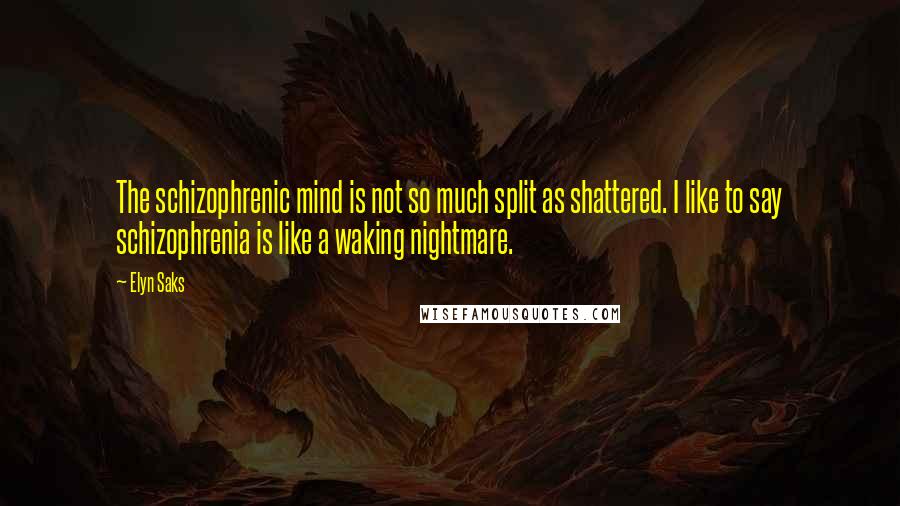 Elyn Saks Quotes: The schizophrenic mind is not so much split as shattered. I like to say schizophrenia is like a waking nightmare.