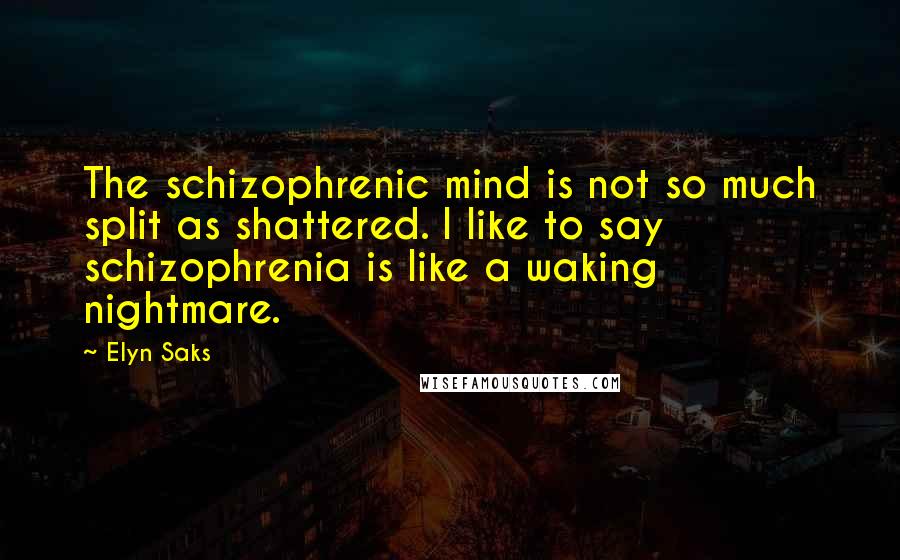 Elyn Saks Quotes: The schizophrenic mind is not so much split as shattered. I like to say schizophrenia is like a waking nightmare.