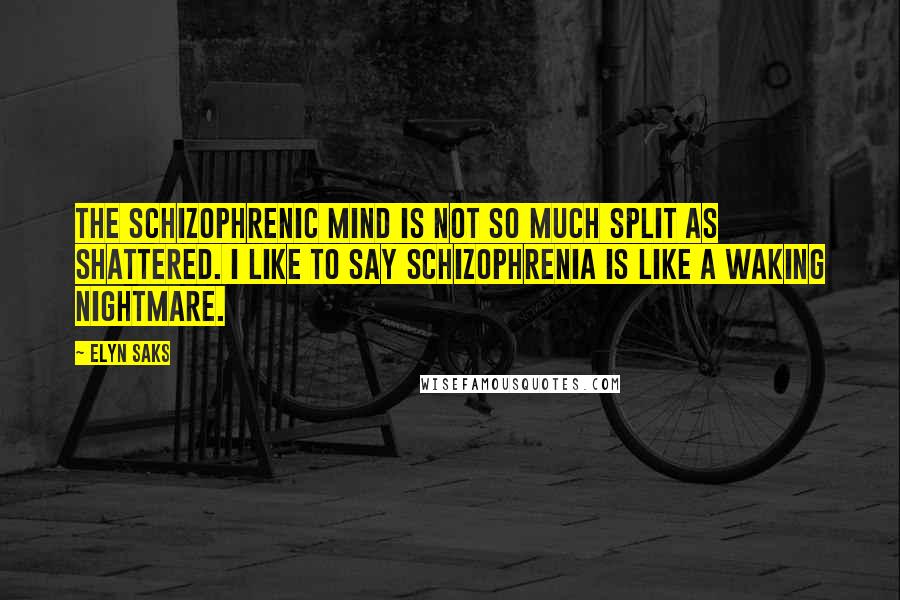 Elyn Saks Quotes: The schizophrenic mind is not so much split as shattered. I like to say schizophrenia is like a waking nightmare.