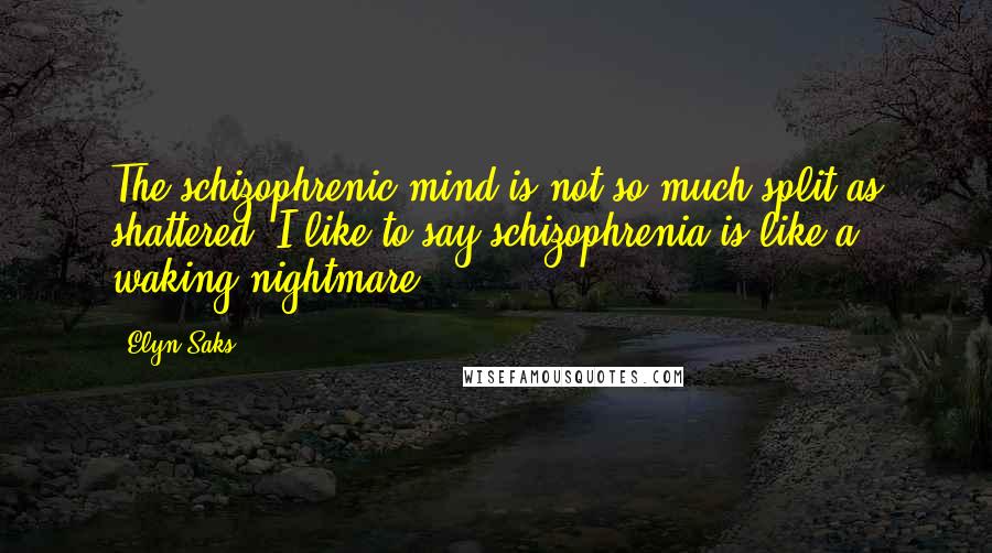 Elyn Saks Quotes: The schizophrenic mind is not so much split as shattered. I like to say schizophrenia is like a waking nightmare.
