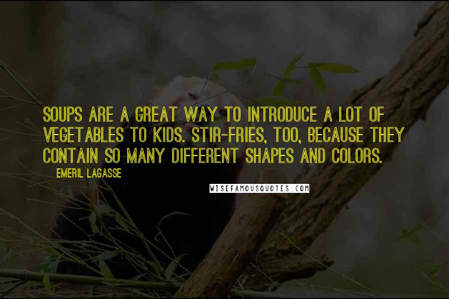 Emeril Lagasse Quotes: Soups are a great way to introduce a lot of vegetables to kids. Stir-fries, too, because they contain so many different shapes and colors.