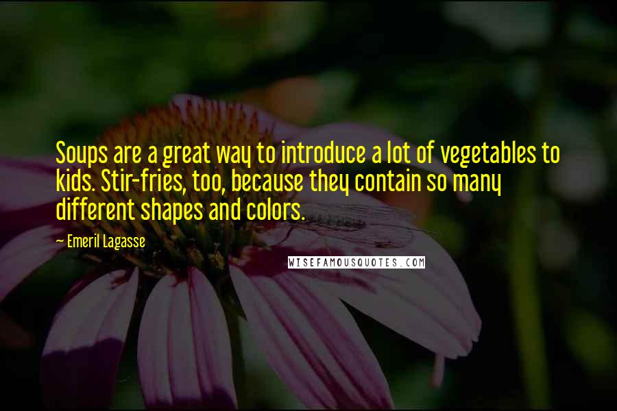 Emeril Lagasse Quotes: Soups are a great way to introduce a lot of vegetables to kids. Stir-fries, too, because they contain so many different shapes and colors.