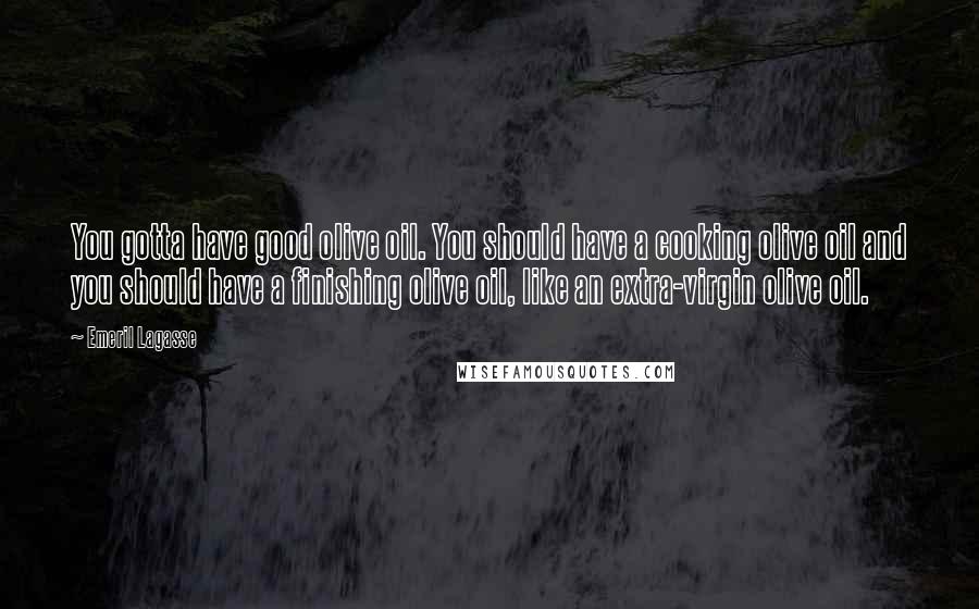 Emeril Lagasse Quotes: You gotta have good olive oil. You should have a cooking olive oil and you should have a finishing olive oil, like an extra-virgin olive oil.