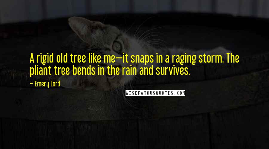 Emery Lord Quotes: A rigid old tree like me--it snaps in a raging storm. The pliant tree bends in the rain and survives.