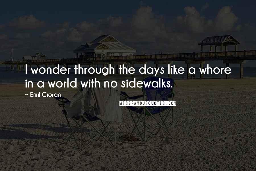 Emil Cioran Quotes: I wonder through the days like a whore in a world with no sidewalks.