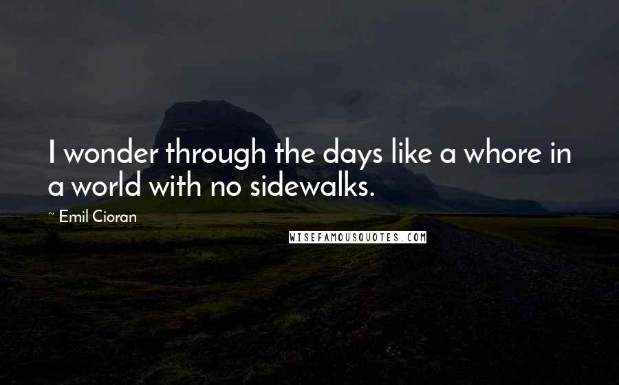 Emil Cioran Quotes: I wonder through the days like a whore in a world with no sidewalks.