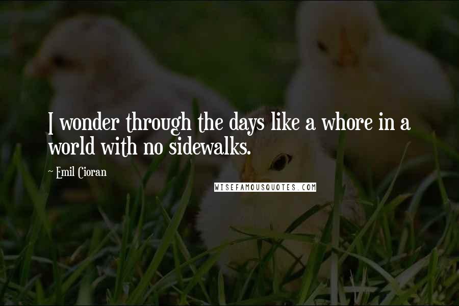 Emil Cioran Quotes: I wonder through the days like a whore in a world with no sidewalks.