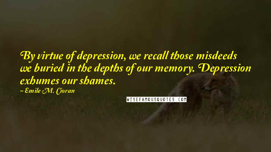 Emile M. Cioran Quotes: By virtue of depression, we recall those misdeeds we buried in the depths of our memory. Depression exhumes our shames.