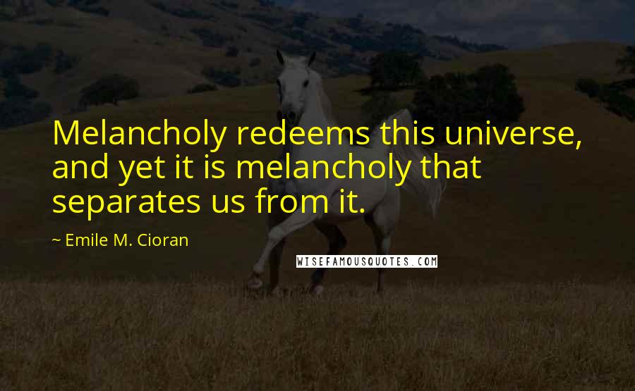 Emile M. Cioran Quotes: Melancholy redeems this universe, and yet it is melancholy that separates us from it.