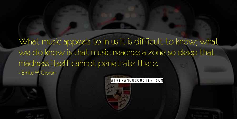 Emile M. Cioran Quotes: What music appeals to in us it is difficult to know; what we do know is that music reaches a zone so deep that madness itself cannot penetrate there.