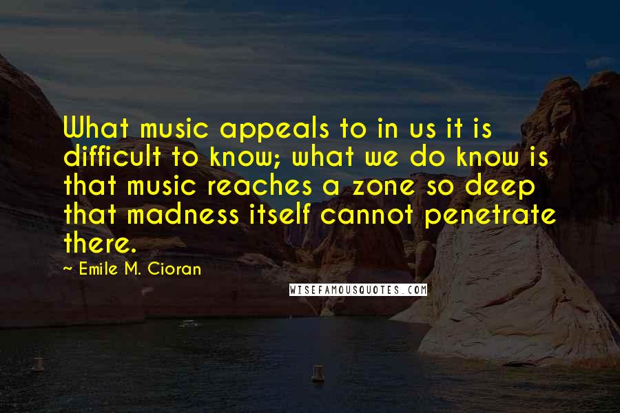 Emile M. Cioran Quotes: What music appeals to in us it is difficult to know; what we do know is that music reaches a zone so deep that madness itself cannot penetrate there.