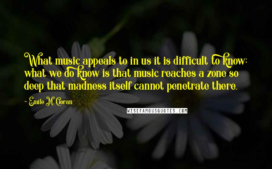 Emile M. Cioran Quotes: What music appeals to in us it is difficult to know; what we do know is that music reaches a zone so deep that madness itself cannot penetrate there.