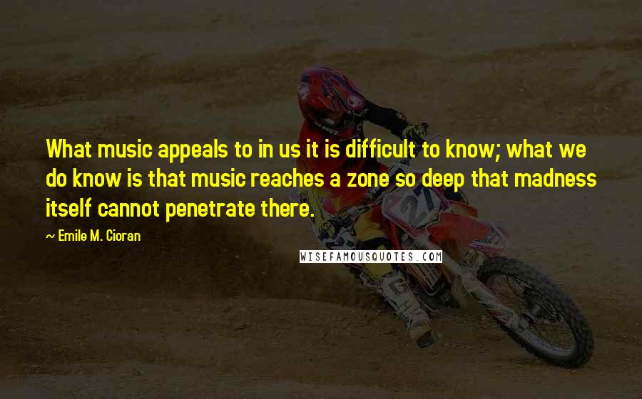 Emile M. Cioran Quotes: What music appeals to in us it is difficult to know; what we do know is that music reaches a zone so deep that madness itself cannot penetrate there.