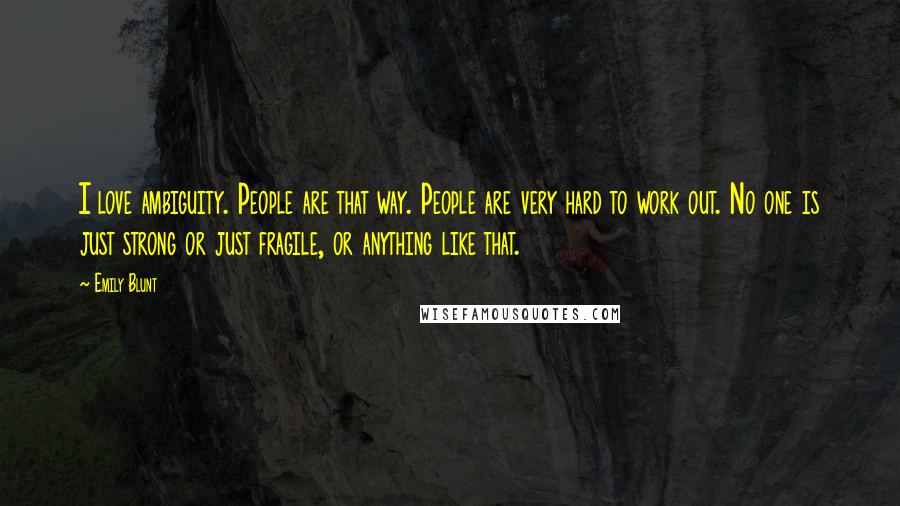 Emily Blunt Quotes: I love ambiguity. People are that way. People are very hard to work out. No one is just strong or just fragile, or anything like that.