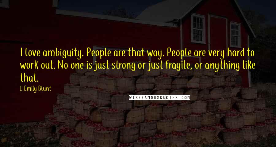 Emily Blunt Quotes: I love ambiguity. People are that way. People are very hard to work out. No one is just strong or just fragile, or anything like that.