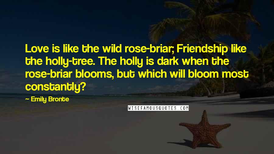 Emily Bronte Quotes: Love is like the wild rose-briar; Friendship like the holly-tree. The holly is dark when the rose-briar blooms, but which will bloom most constantly?