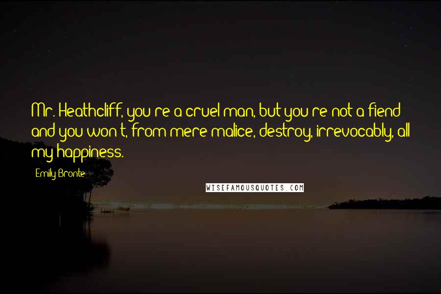 Emily Bronte Quotes: Mr. Heathcliff, you're a cruel man, but you're not a fiend; and you won't, from mere malice, destroy, irrevocably, all my happiness.