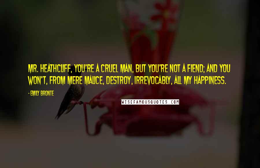 Emily Bronte Quotes: Mr. Heathcliff, you're a cruel man, but you're not a fiend; and you won't, from mere malice, destroy, irrevocably, all my happiness.
