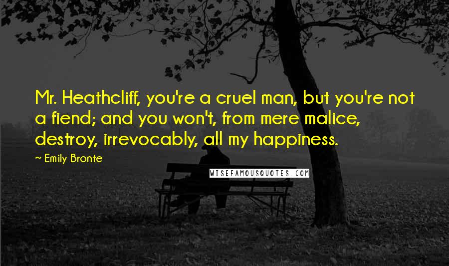 Emily Bronte Quotes: Mr. Heathcliff, you're a cruel man, but you're not a fiend; and you won't, from mere malice, destroy, irrevocably, all my happiness.